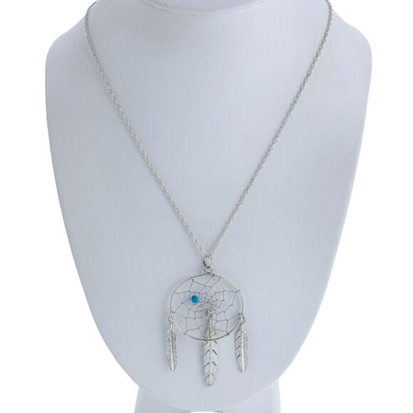 Vintage Silver Tone Turquoise Bead Feather Charm Dreamcatcher Pendant ONLY - Picture 3 of 4